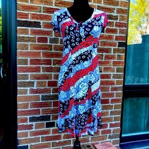 Red and White V-Neck Midi Sundress with Cap Sleeves